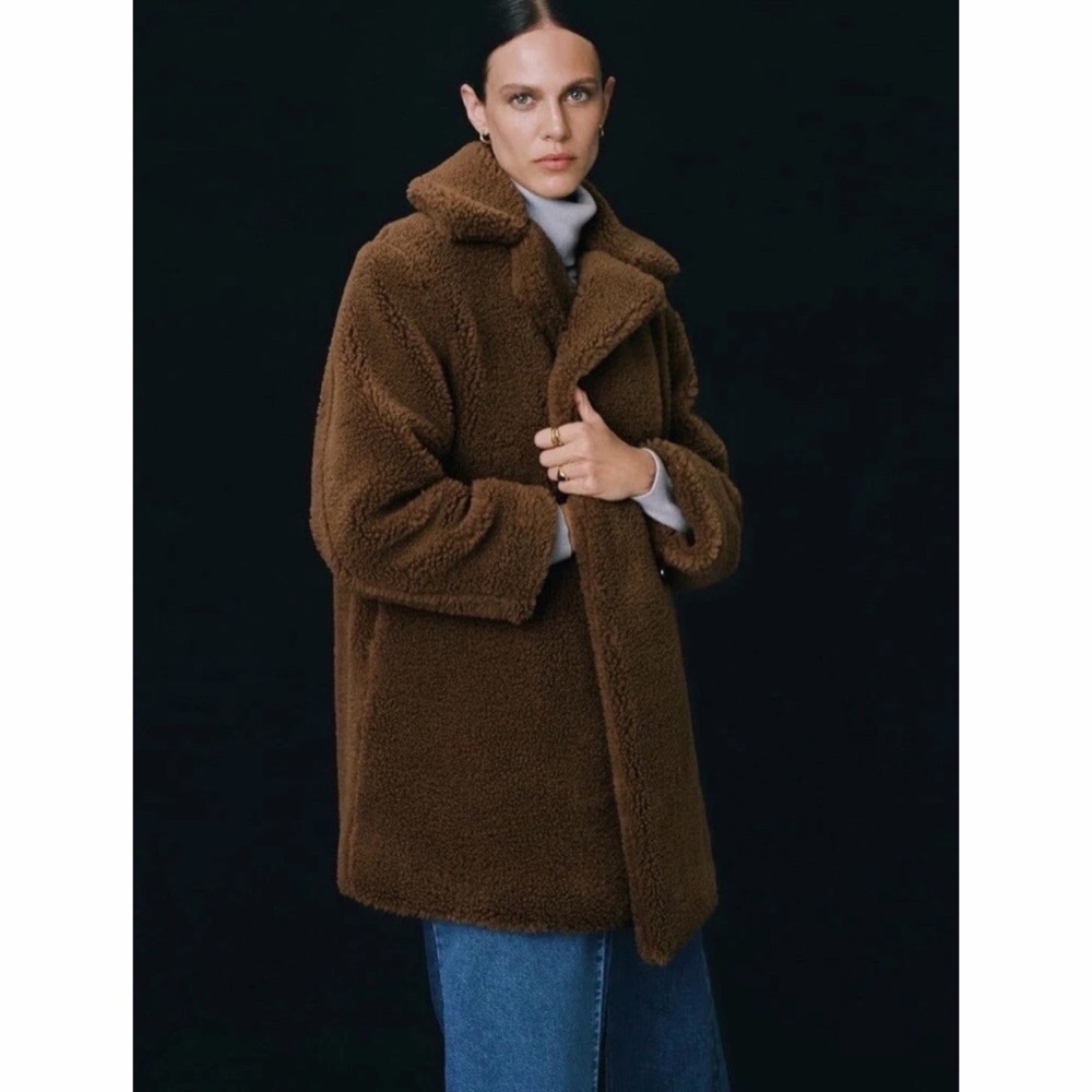 Mango Teddy Oversized Coat Faux Fur Shearling Brown